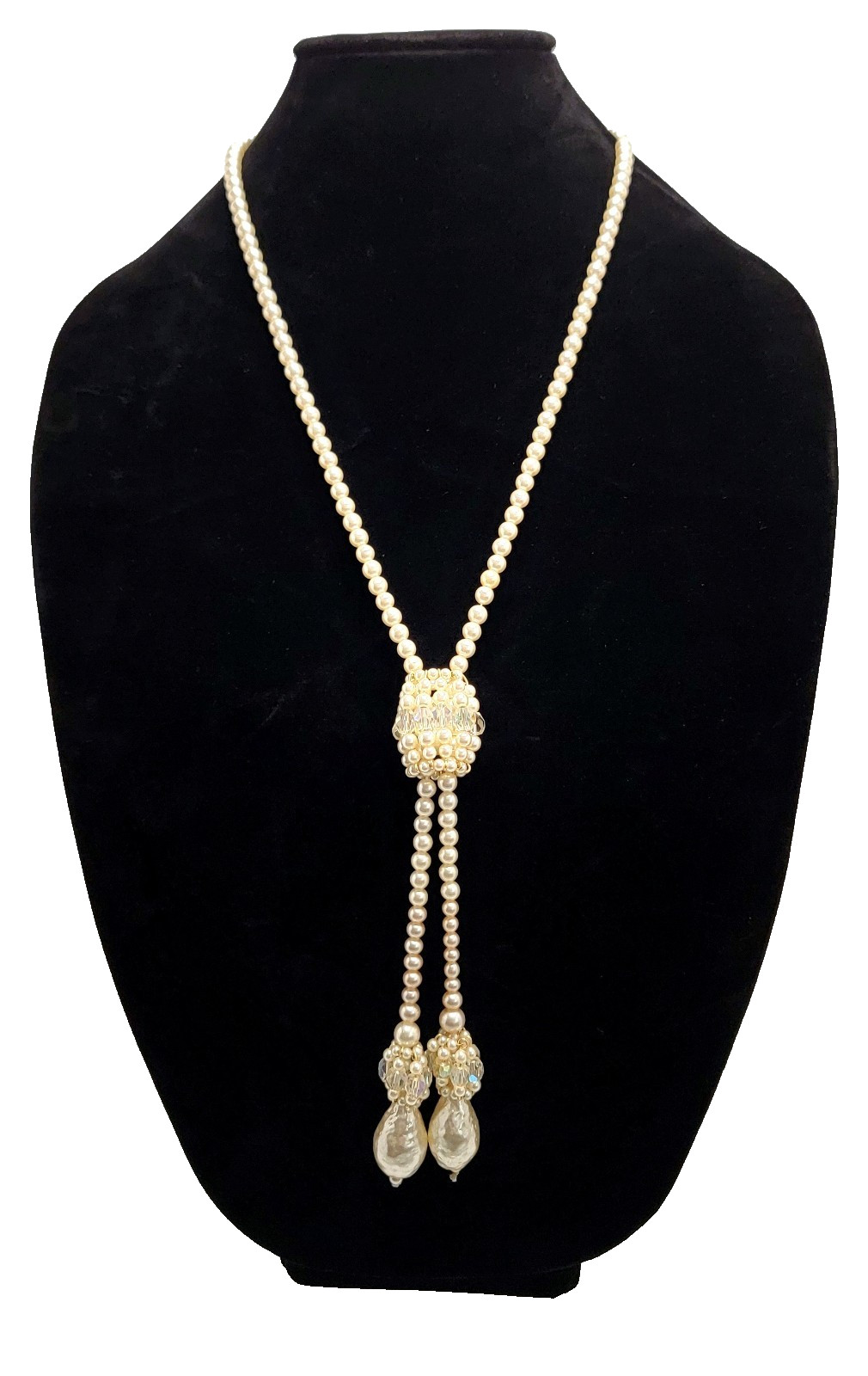 Vintage Faux Pearl Lariat Necklace Double Strand Woven Slide Baroque Teardrop