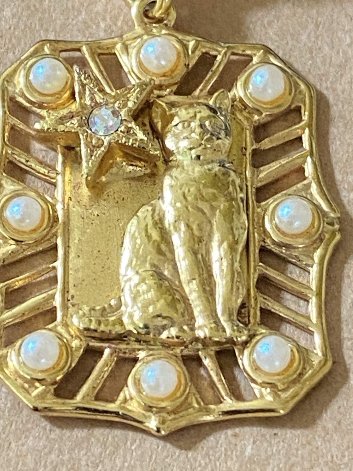 Vintage Celestial Cat Earrings Gold Tone AB Rhinestone Faux Pearl Witchy