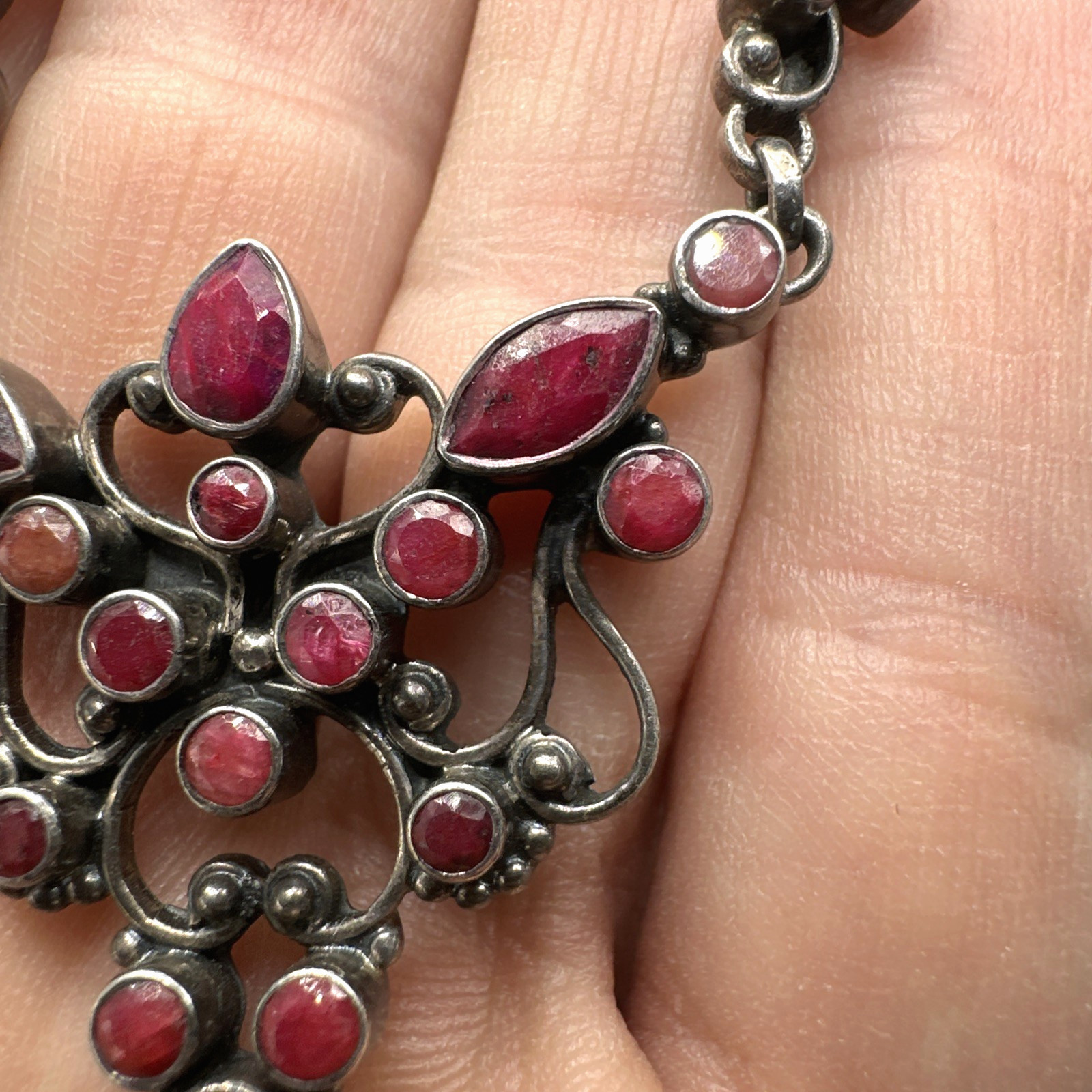SLG Sterling Silver Necklace Natural Ruby Cluster Y Pendant 3″ Drop 18.5″ 21.60g