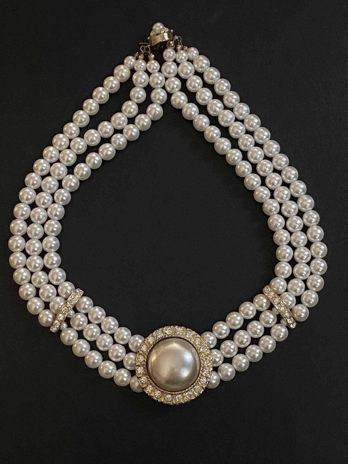 Vintage Faux Pearl Beaded 3 Strand Choker Necklace – Rhinestone Gold Tone Bridal