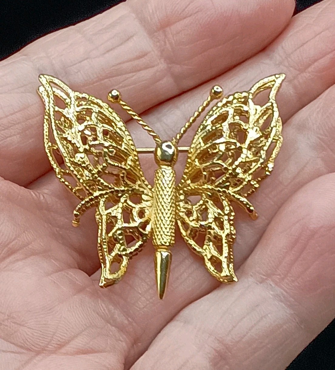 Vintage Monet Brooch Gold Tone Butterfly Insect Bug Filigree Dimensional Signed