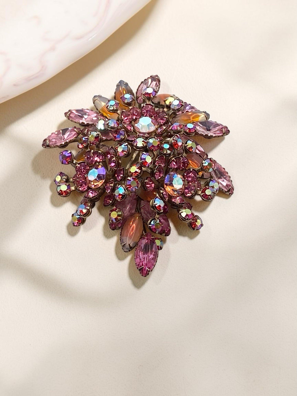 Gorgeous Large Vintage Pink Rhinestone Cluster Brooch Navette Floral Spray Pin