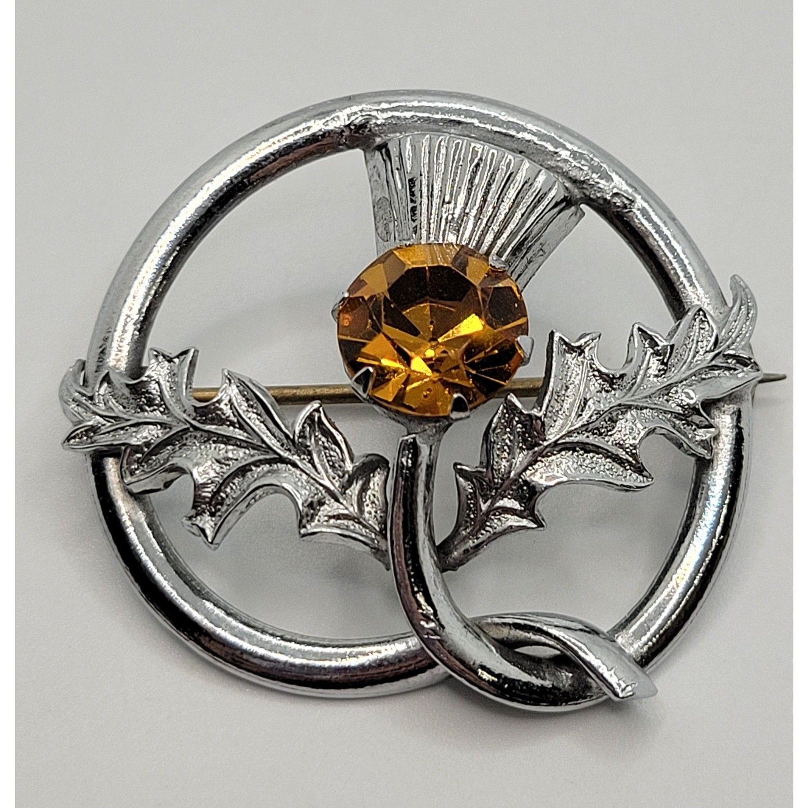 Scottish Thistle Brooch Kilt Shawl Pin Silvertone Orange Rhinestone Vintage