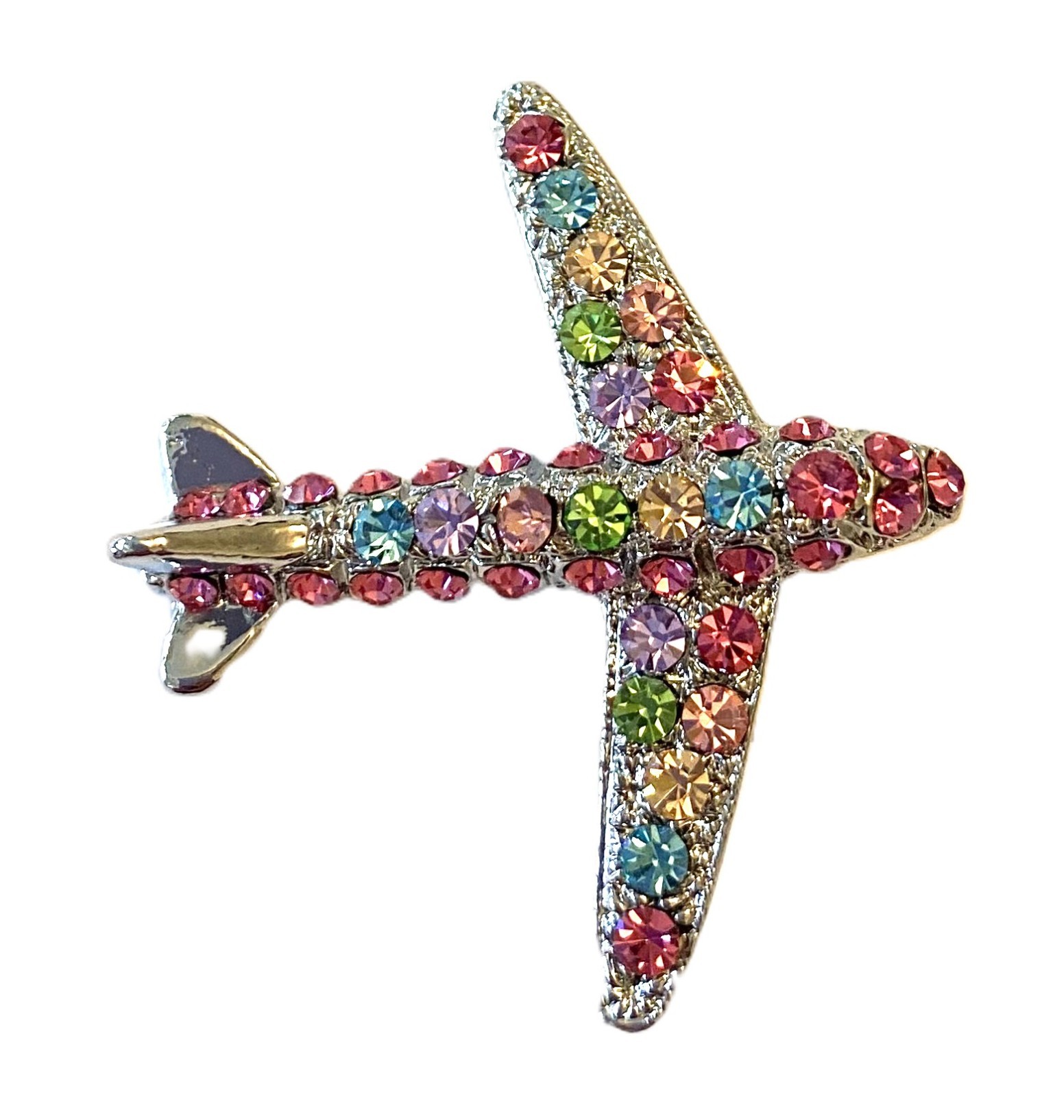 PLANE BROOCH! Signed Figural Pin!Rainbow Multi-Color Crystal Plane!Silver Plated