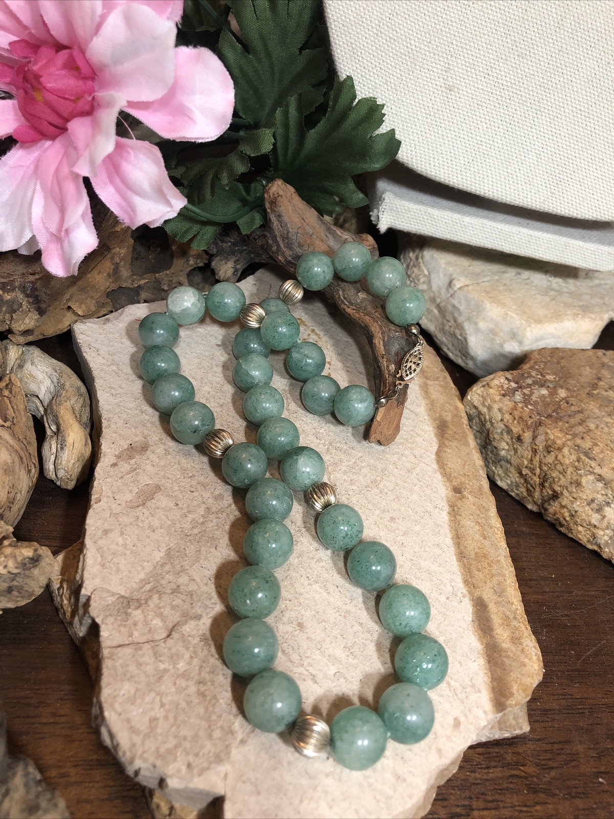 11. Vintage 925 Sterling Silver Green 12mm Round Stone Bead Beaded Necklace 18″