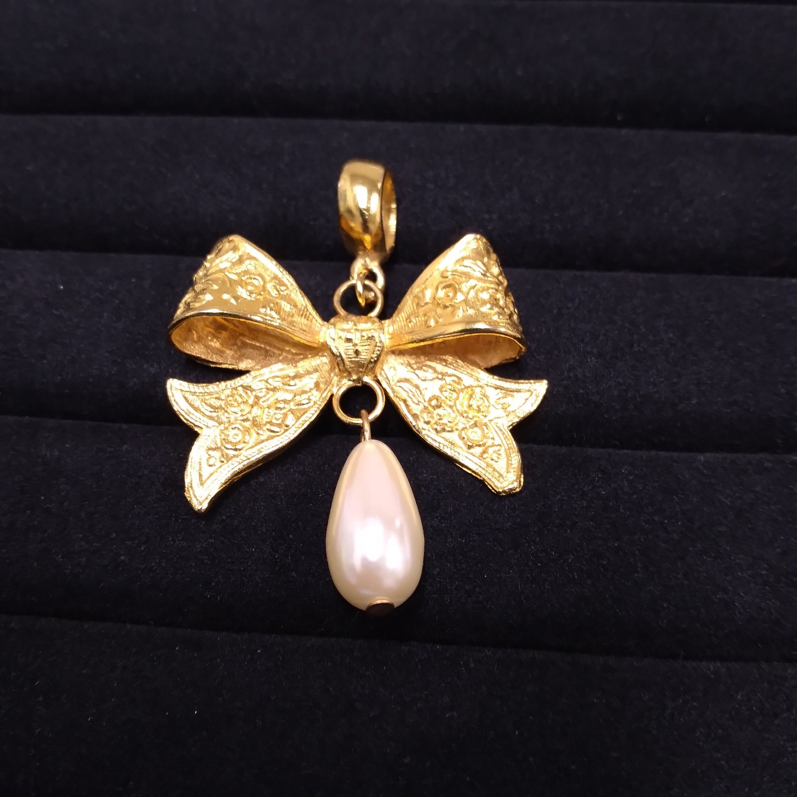 Dauplaise Gold Tone Bow Pendant with Faux Pearl Dangle (No Chain)