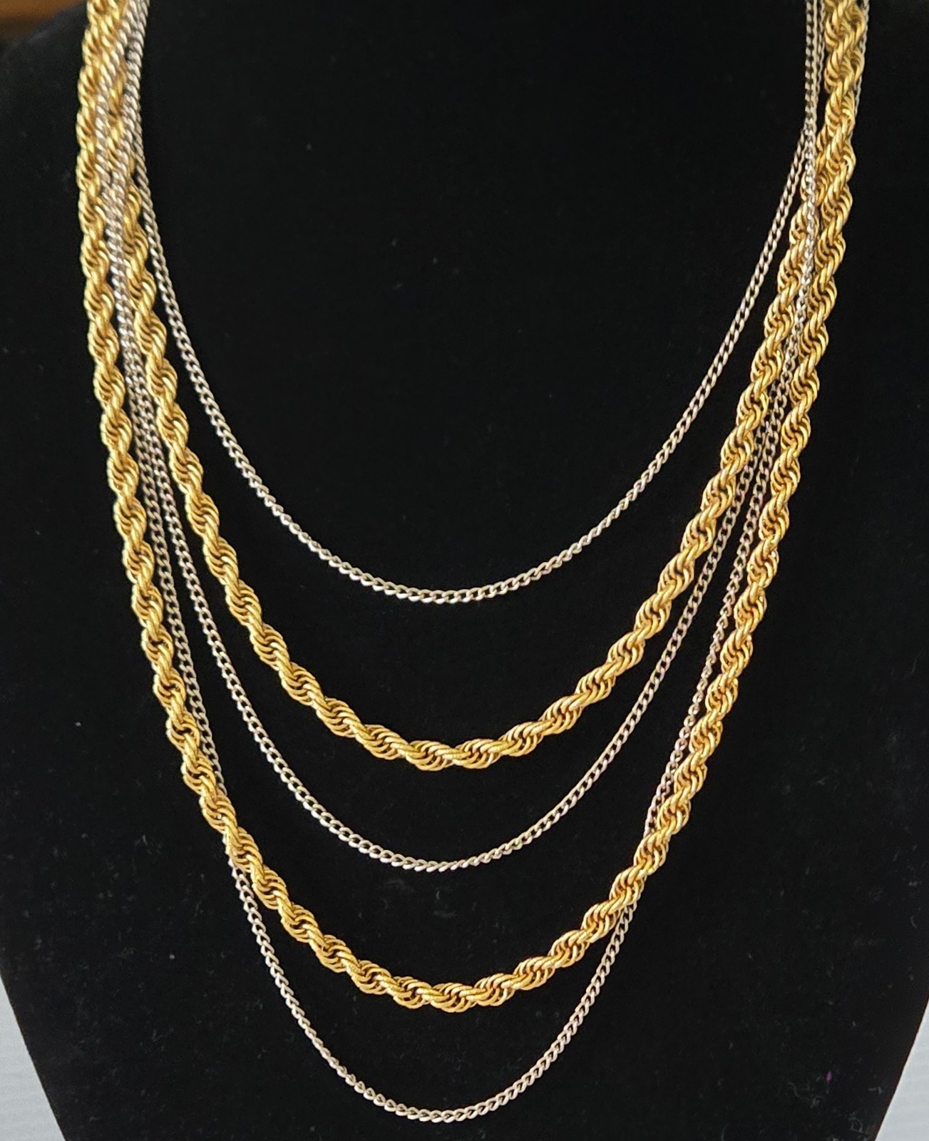 Vintage Gold Silver Tone Multi Strand Rope Chain Statement Necklace 1980s