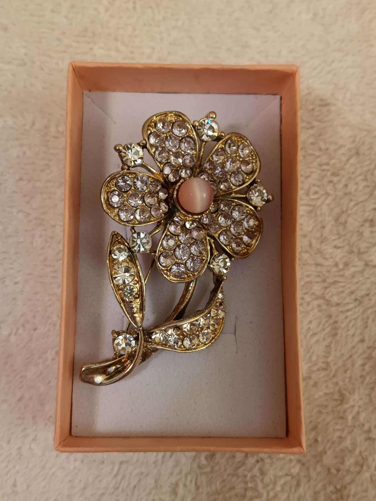 Vtg English Rose Rhinestone Brooch/Pin Pink/ Faux Pink Corral Gold Tone Beautifu