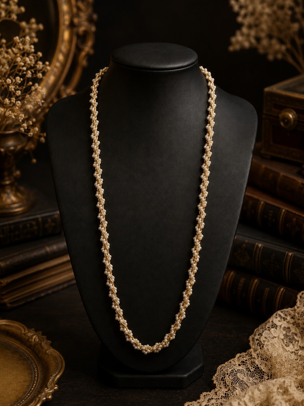 Vintage Gold Tone Twisted Chain Faux Seed Pearl Long Necklace 24″ Elegant