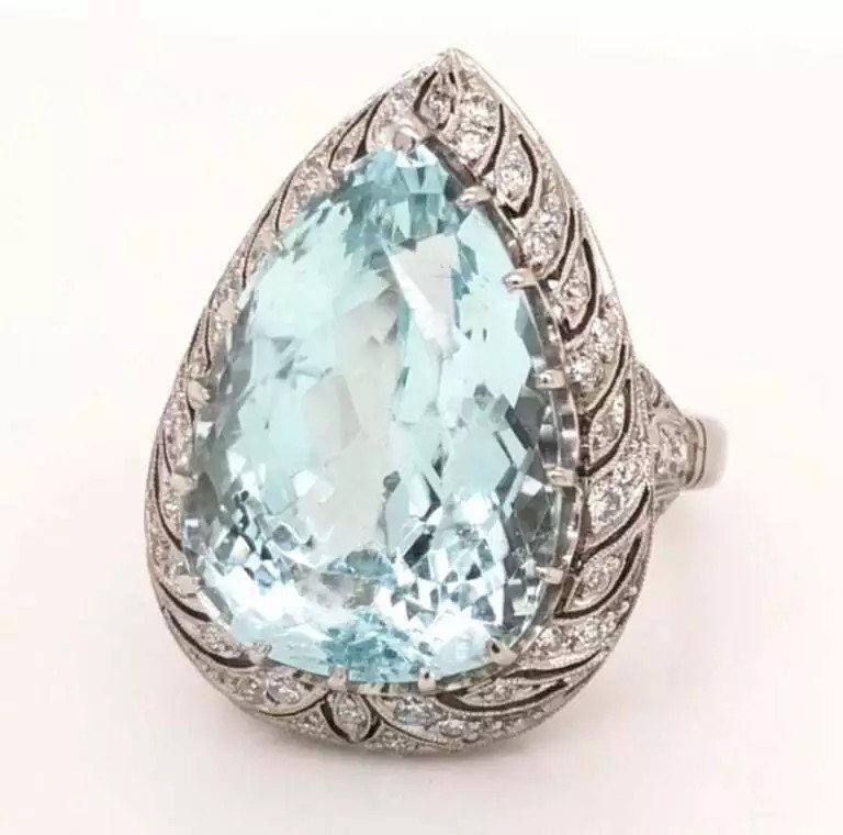 Art Deco 17.88CT Pear Aquamarine & White 0.69CT CZ 925 Silver Estate Fine Ring