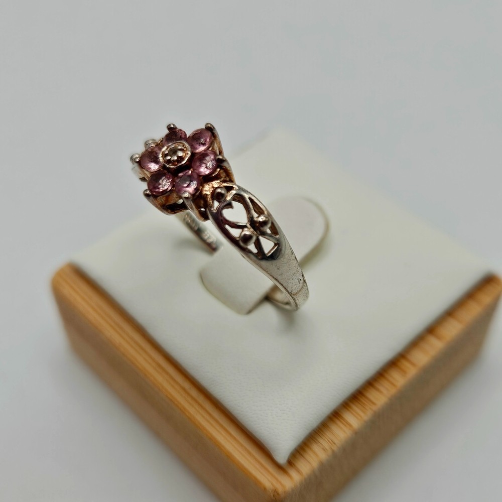 VINTAGE HAN Sterling Silver 925 Pink Stone Flower Ring Size 8.25 Helen Andrews