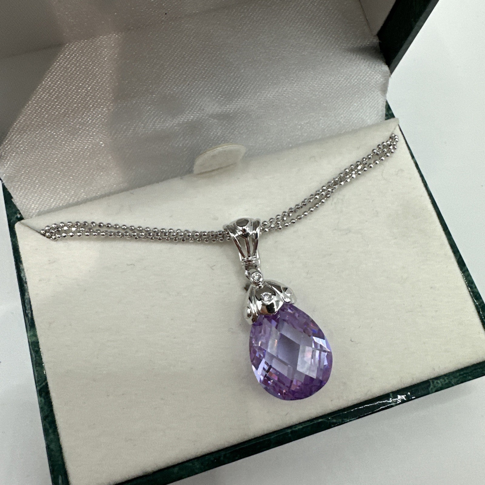 Vintage Suzanne Somers Silver 3-Strand Pear Pendant CZ 925 Necklace 19″
