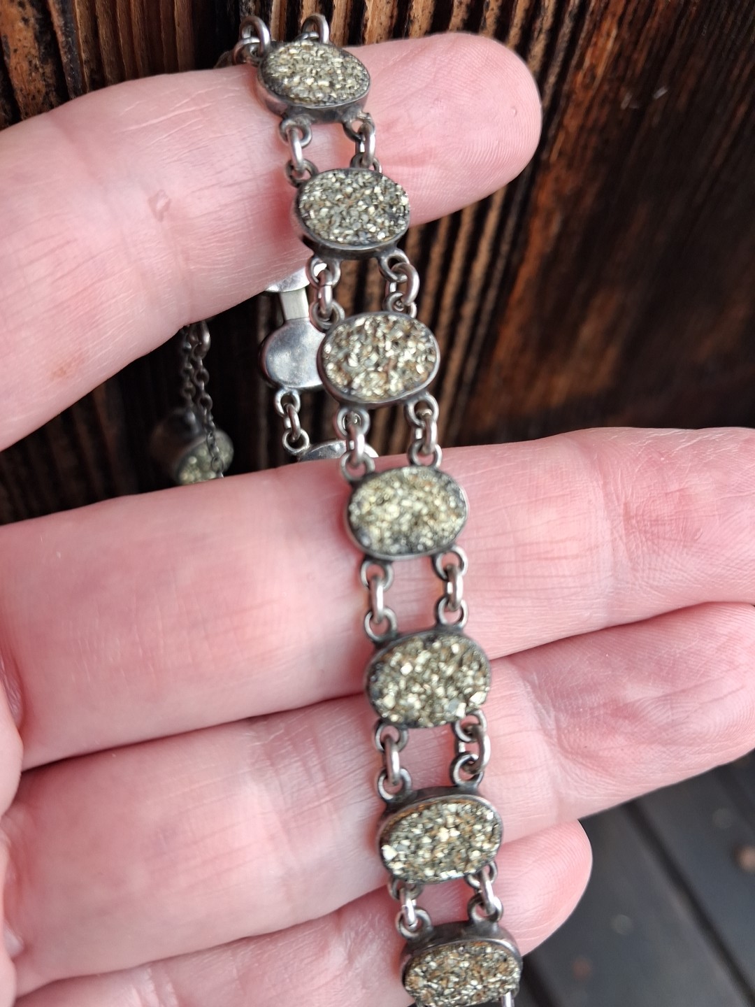 VINTAGE PYRITE SOLID SILVER STERLING CHAIN FOB BRACELET GREAT STYLE 18.5g 7″