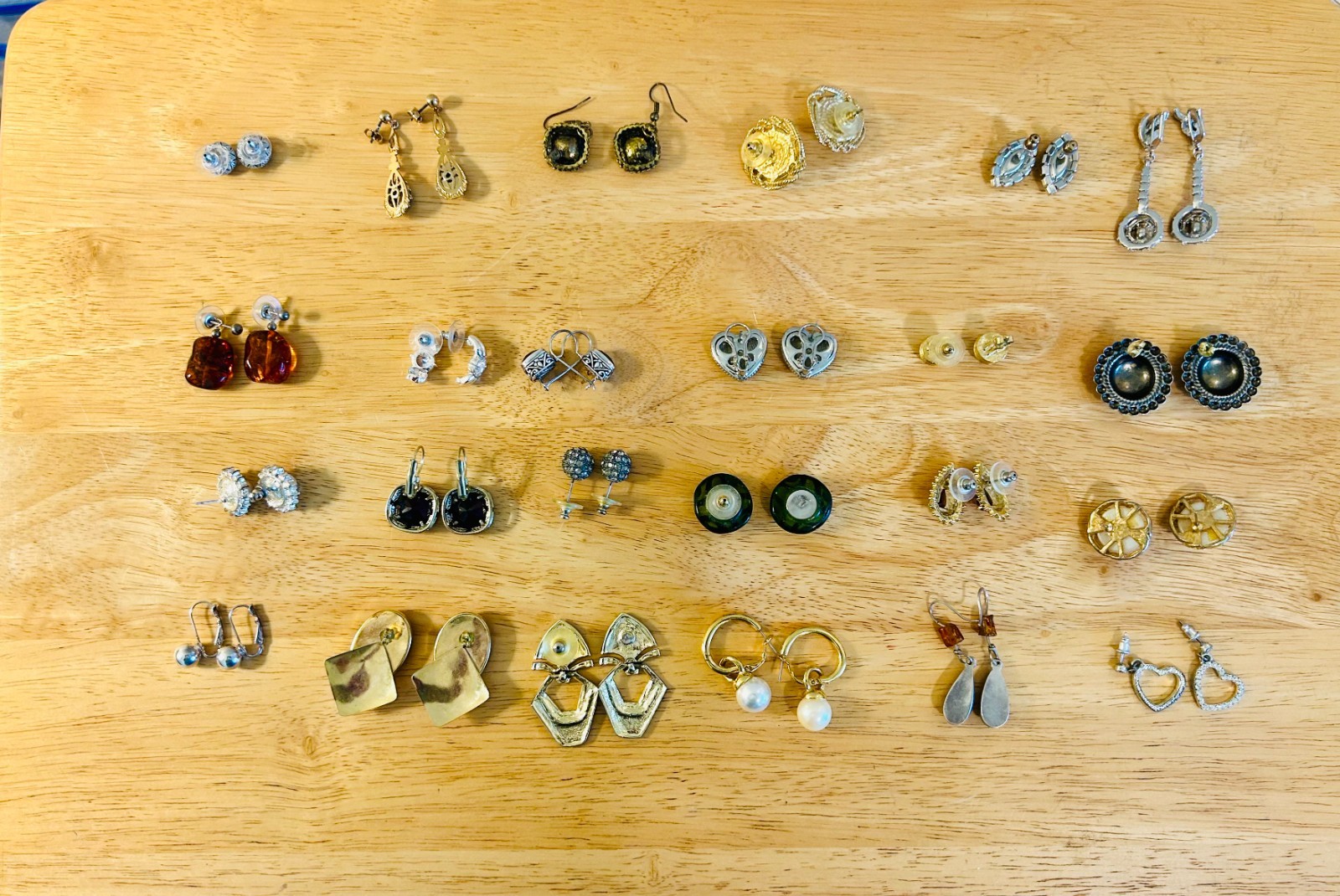 Lot Of 24 Vintage Pierced Earrings Few Sterling Silver, Amber, CZ & Jade