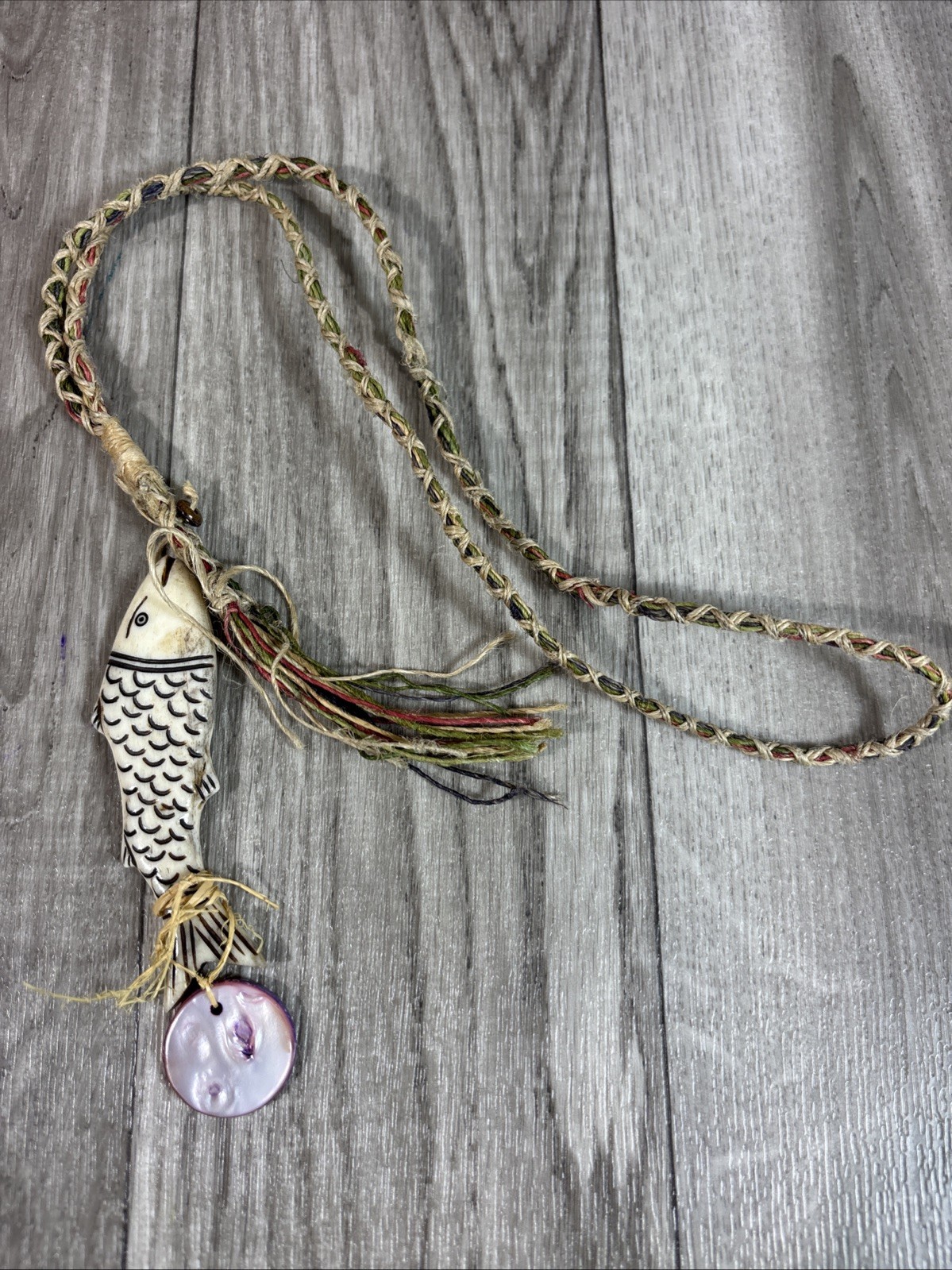 23” Boho Bone Fish Pendant Necklace Unique Hand Tied Mother Of Pearl Accent Disk