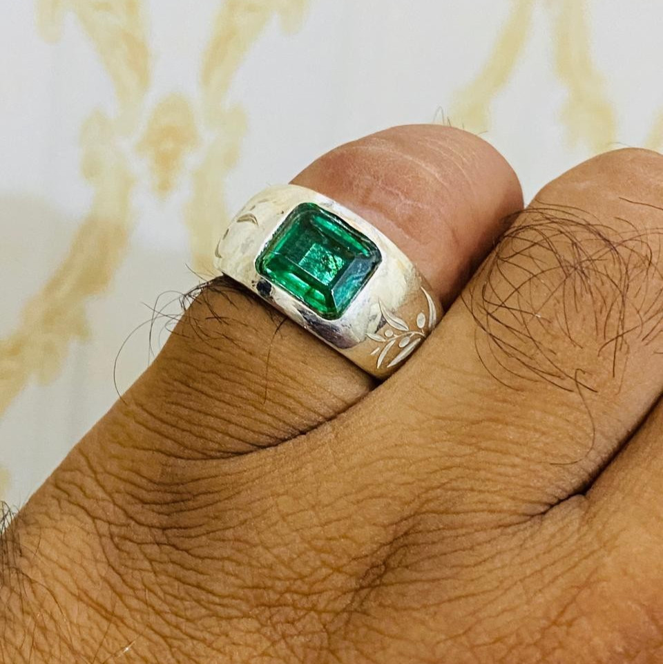 Emerald Ring Green Emerald Stone Ring Unisex Ring Silver Engraved Ring