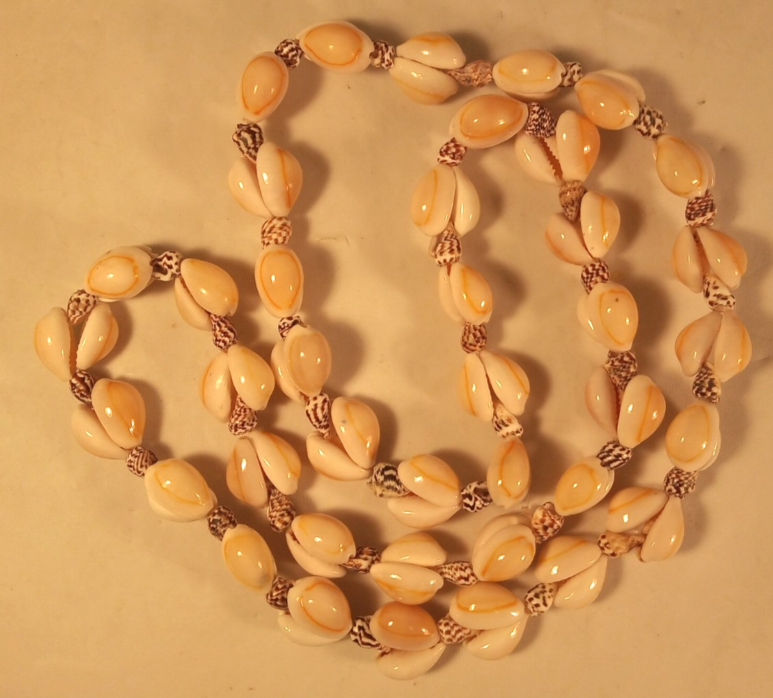 Vintage Double Cowrie Cone Shell Necklace Boho Beach Vacation Tropical 36” Sea