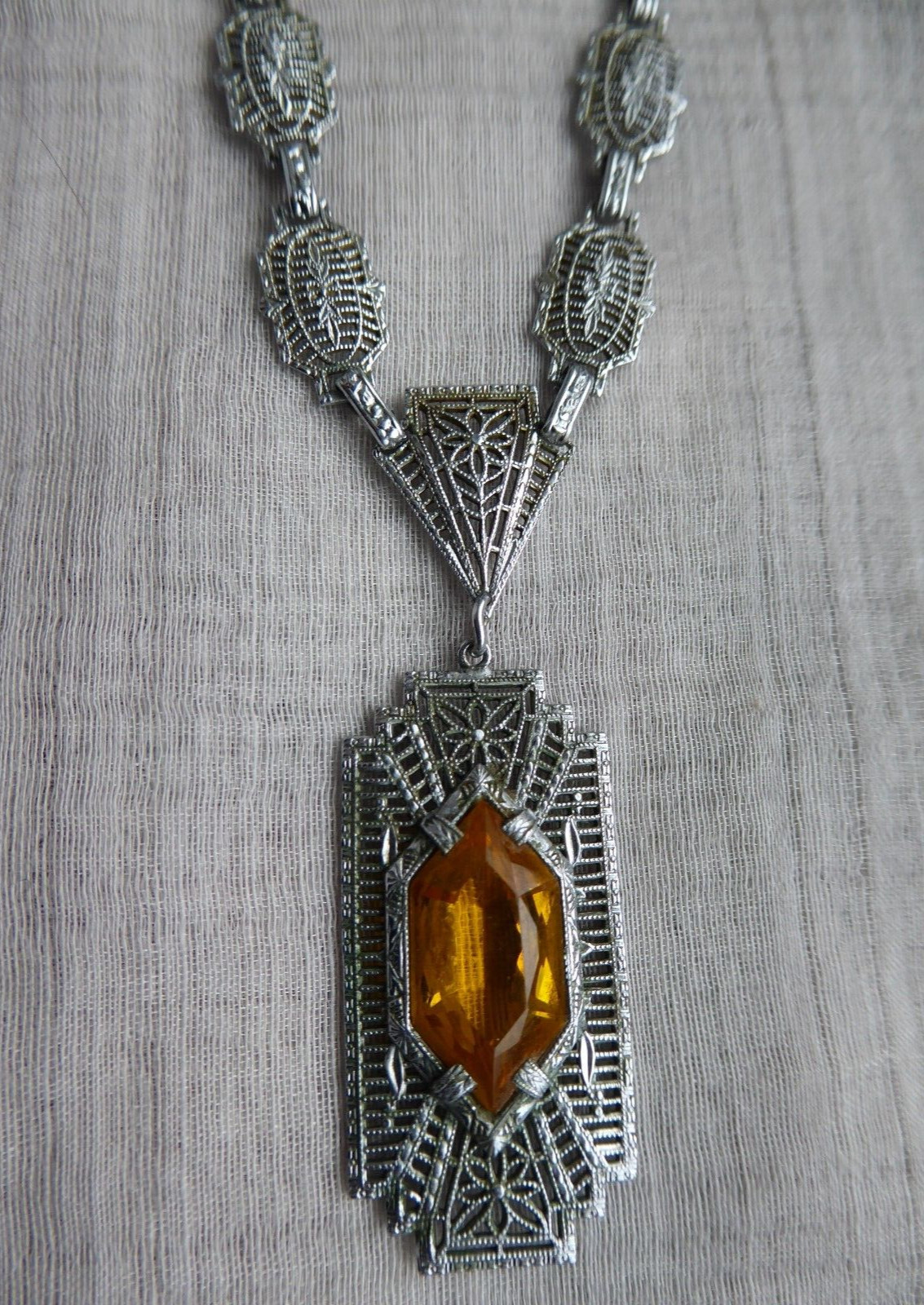 ART DECO FILIGREE Necklace 1930s PS Co Topaz Crystal Rhodium Plate