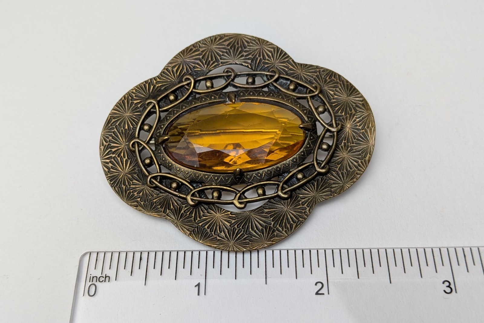 Vintage Antique Amber Glass Brooch Sash Pin C Clasp Brass Large!