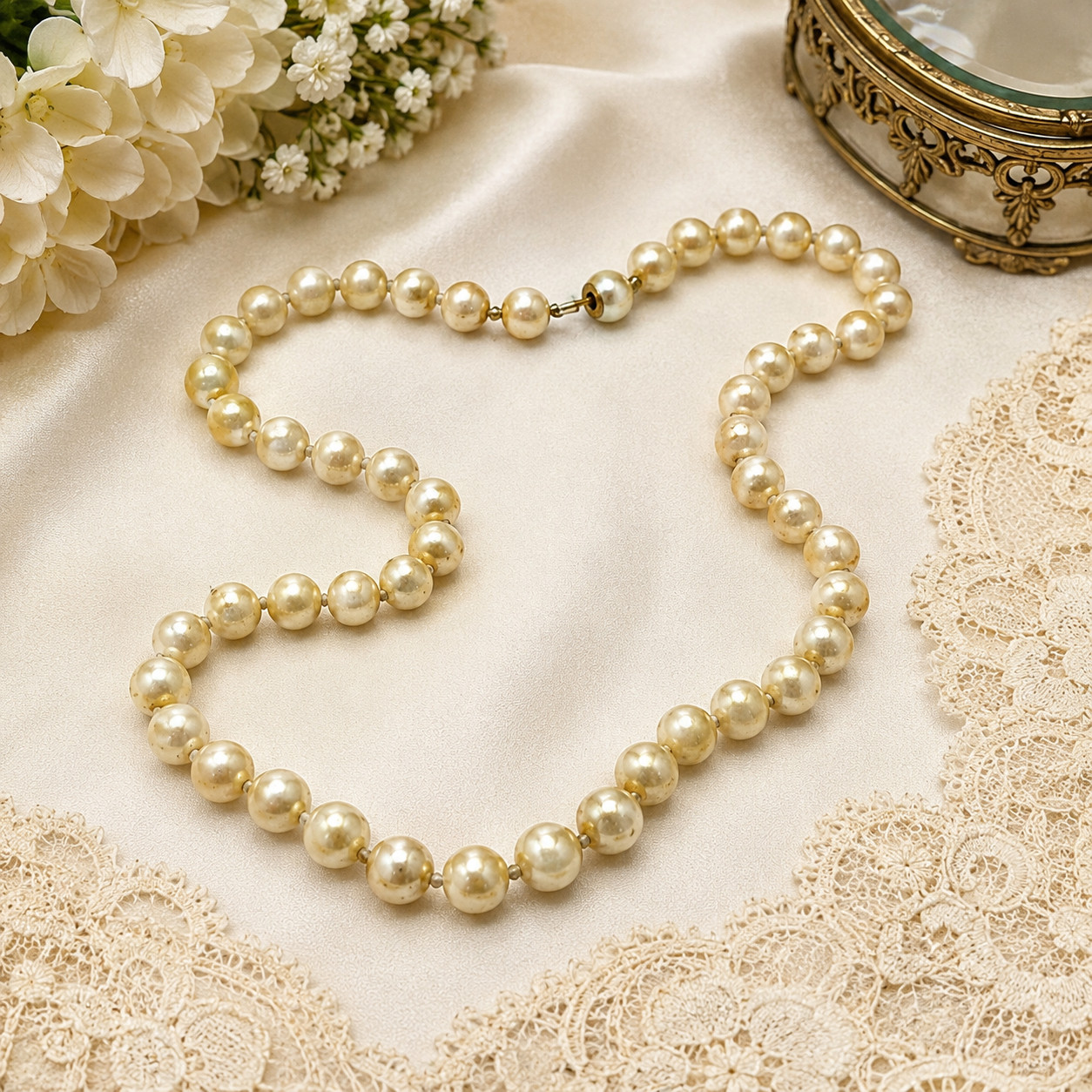 Vintage Cream Faux Pearl Glass Bead Necklace 24 In Hidden Peg Clasp Classic