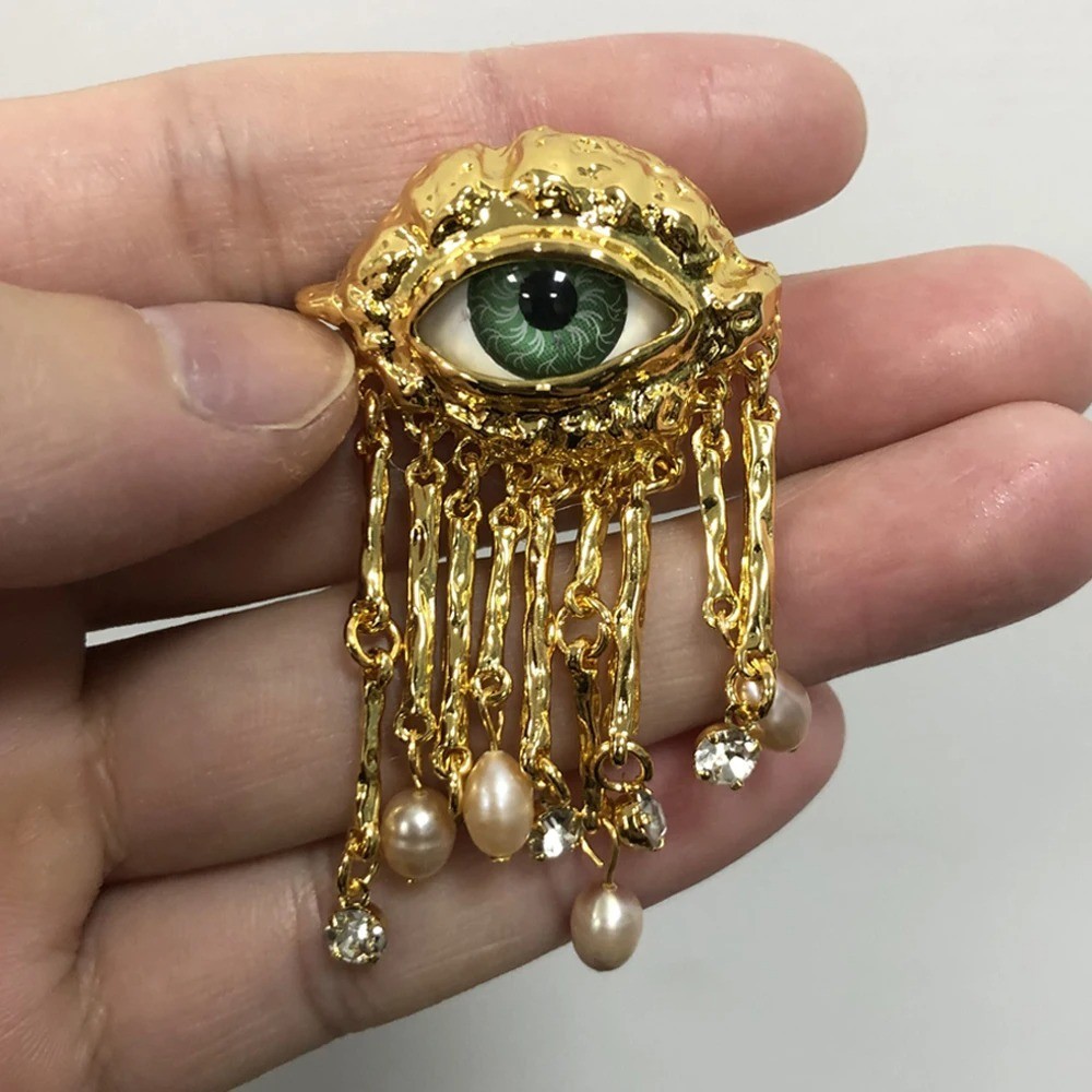 Women Evil Eye Brooch Vintage Pearl Tassel Pin Zinc Alloy Fashion Jewelry