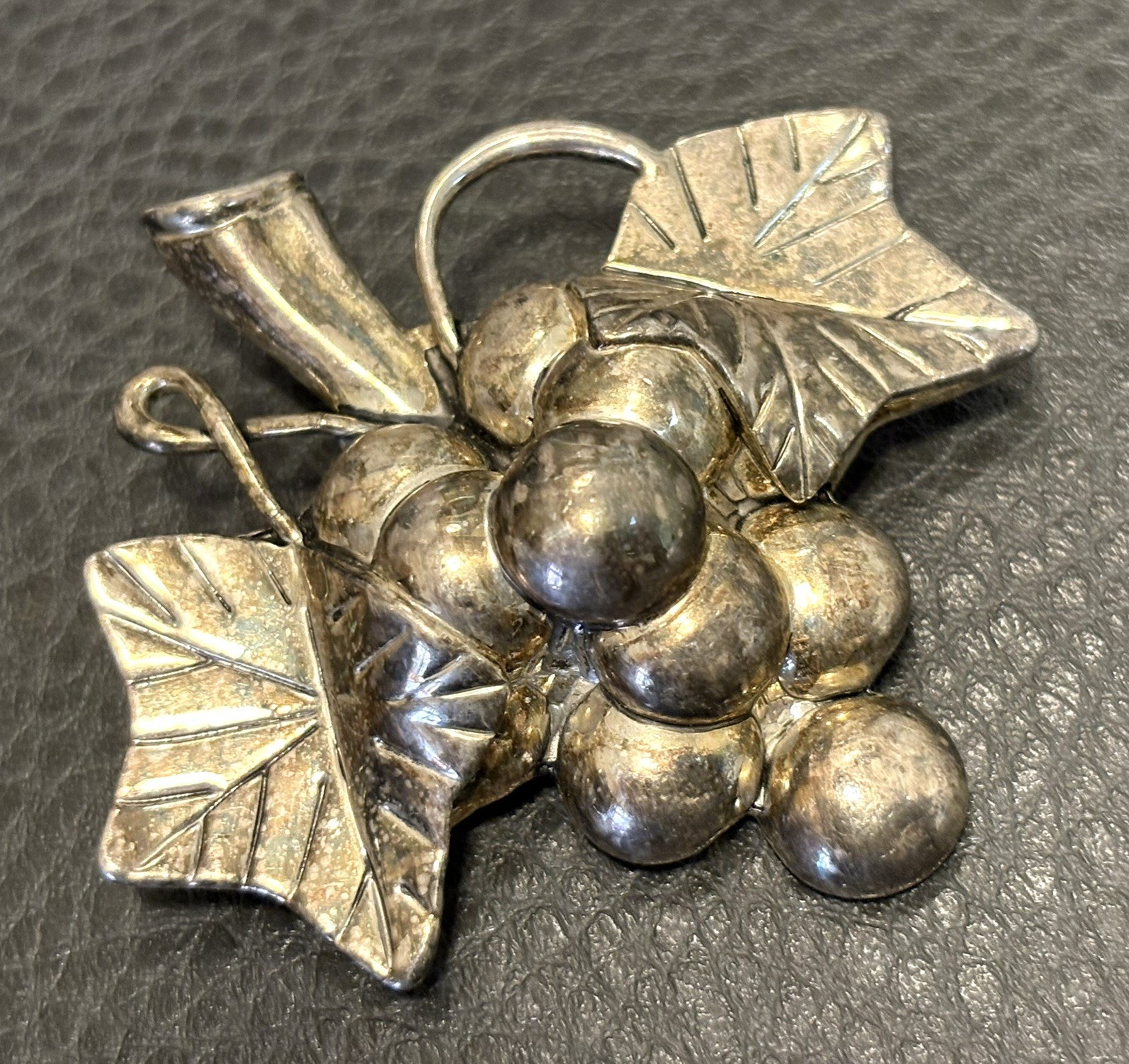 Signed MJ Silver Plated Grape Cluster Fruit Pendant VTG Brooch Modernist Jewelry