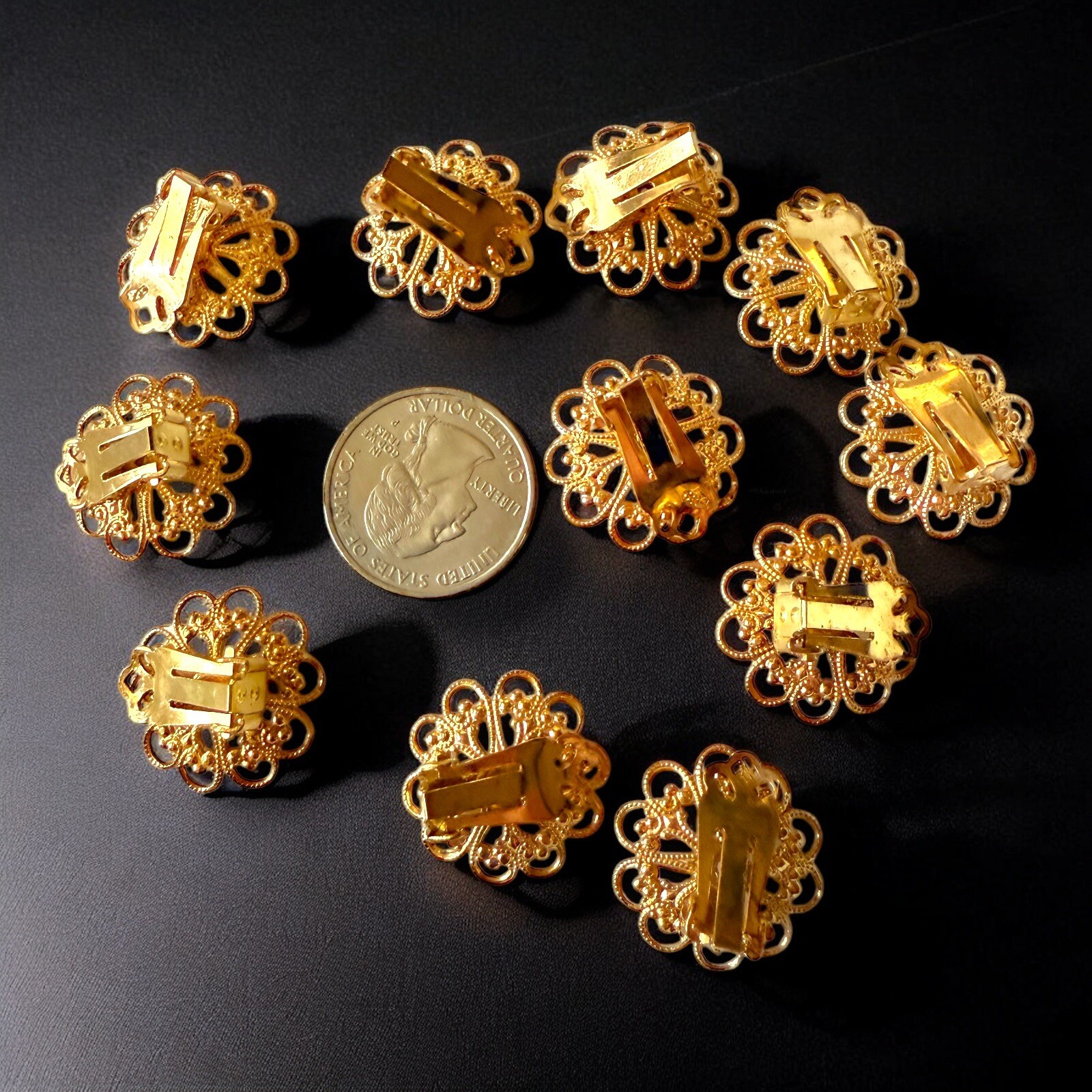 Vintage Clip On Earring Findings Brass Filigree Lot 10 NOS 24mm Guyot Brothers