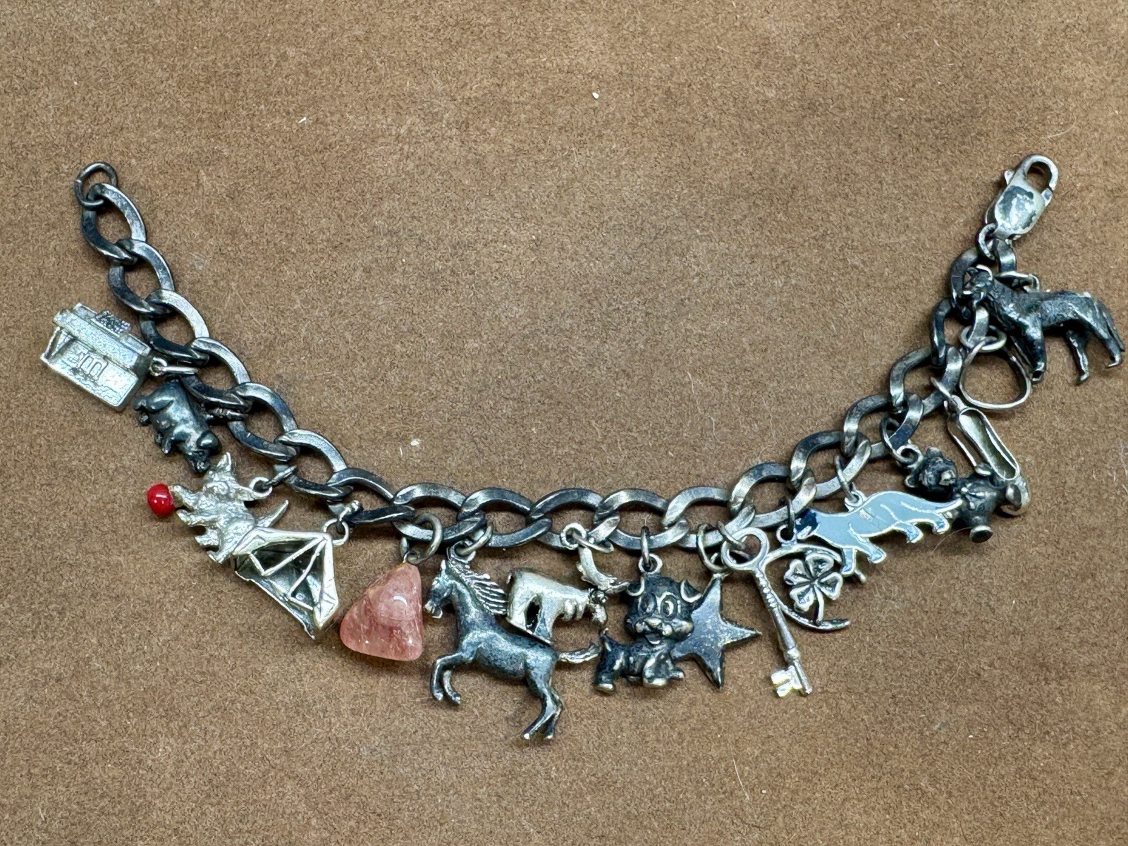 Vintage Sterling Silver Dogs, Horse, Good Luck, Crystal Toggle Charm Bracelet