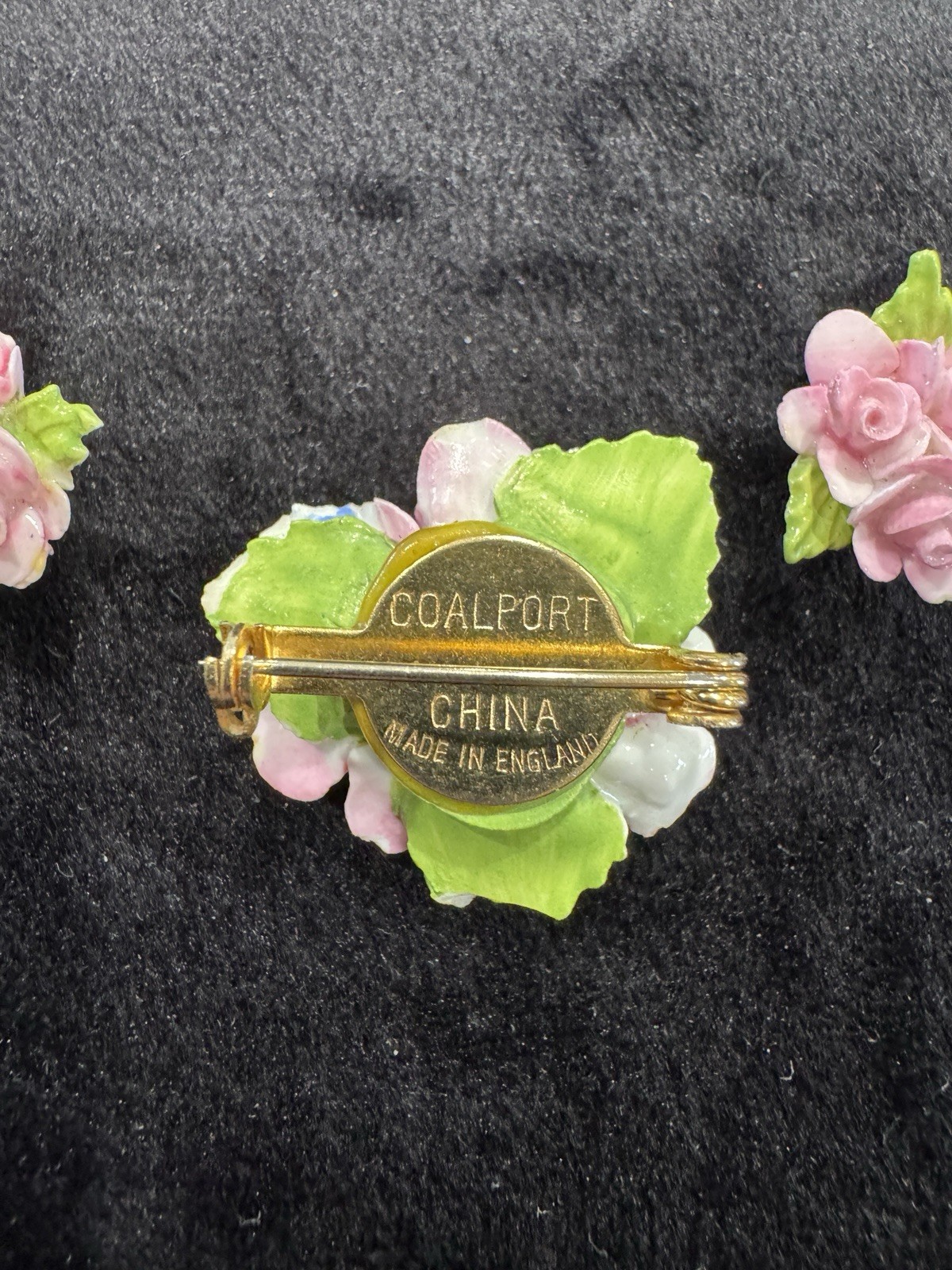 VTG English China Hand Painted Porcelain COALPORT Pink Rose Brooch & Earrings