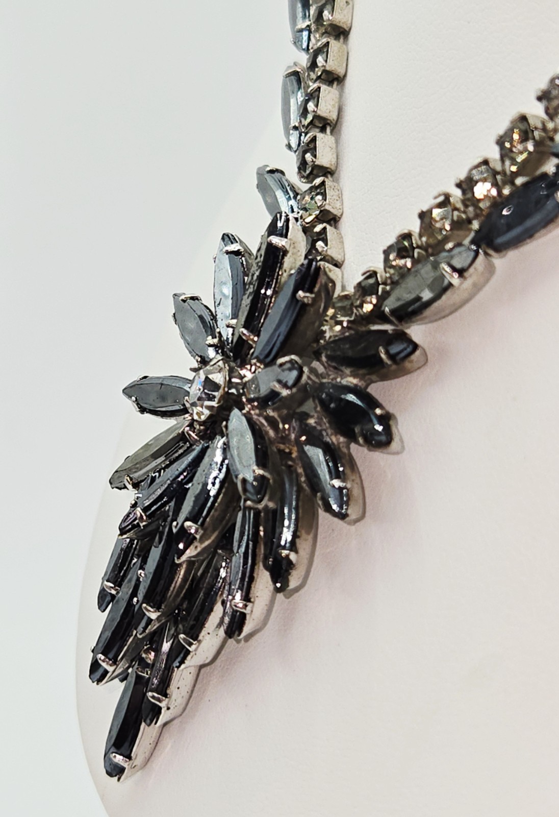 VTG Juliana D&E Black Hematite Navette Rhinestone Necklace Book Piece Statement