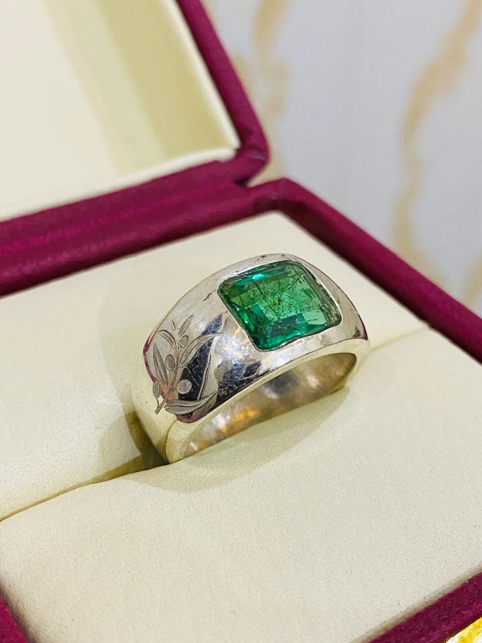 Emerald Ring Green Emerald Stone Ring Unisex Ring Silver Engraved Ring