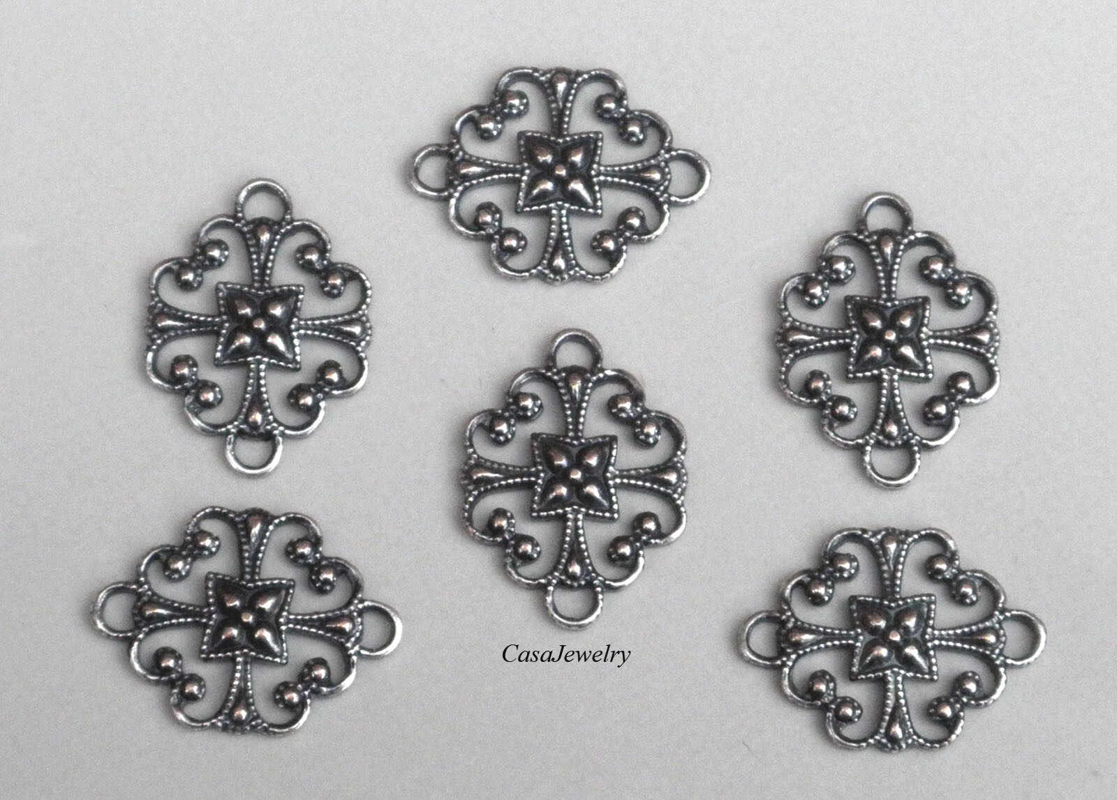 #1833 ANTIQUED STERLING SILVER PLATED FILIGREE 2 RING CONNECTOR – 6 Pc Lot