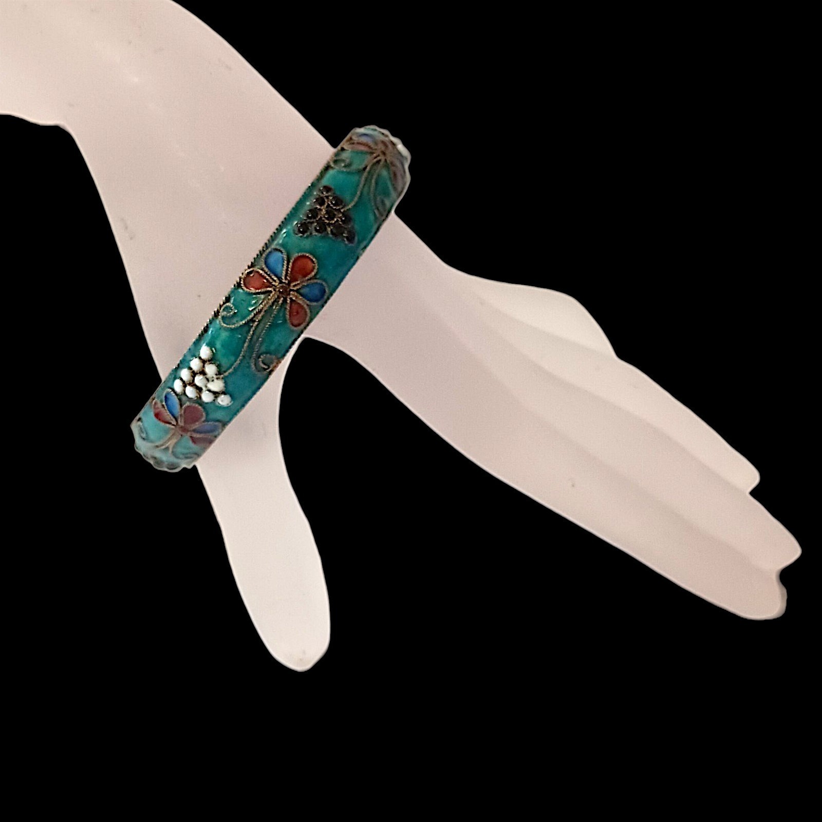 Vintage Cloisonne Enamel Floral Bangle Bracelet Blue Turquoise Gold Tone Boho
