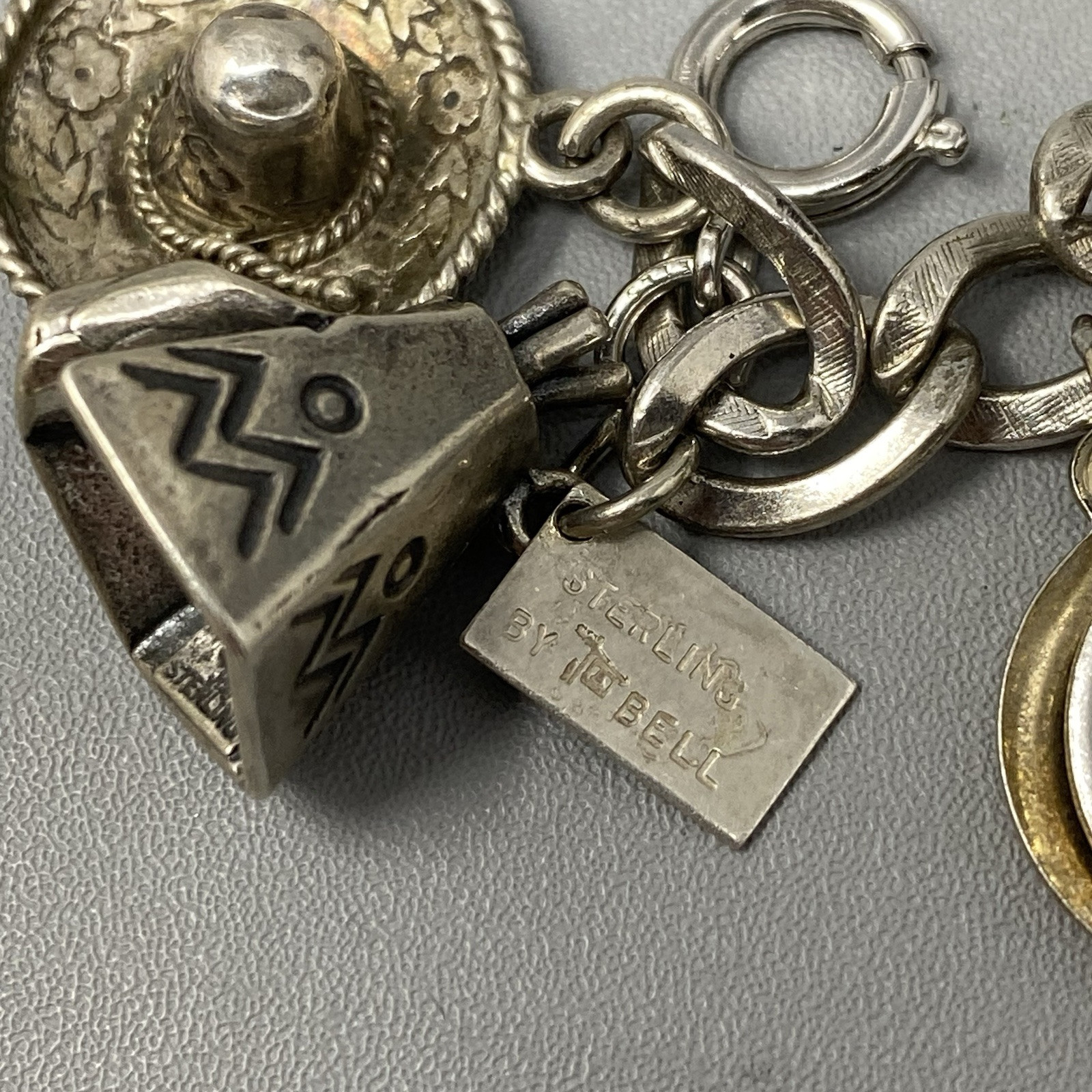 VTG 20 Charm Bracelet Sterling Silver Birthday Natie Cowbell School Hearts 6.5″