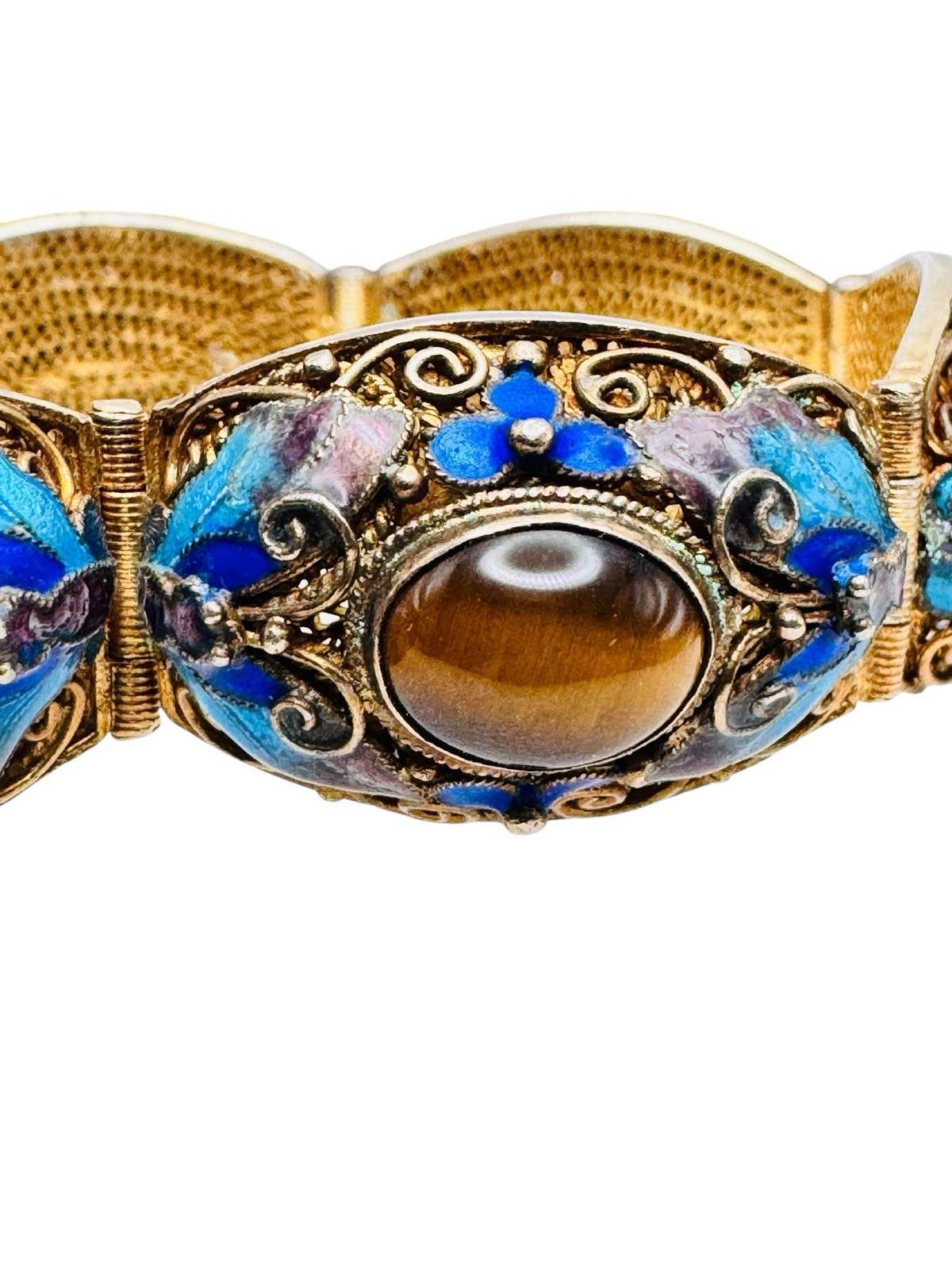 Vintage Chinese Export Gilt Silver Enamel Mesh Filigree Bracelet Tigers Eye Nice