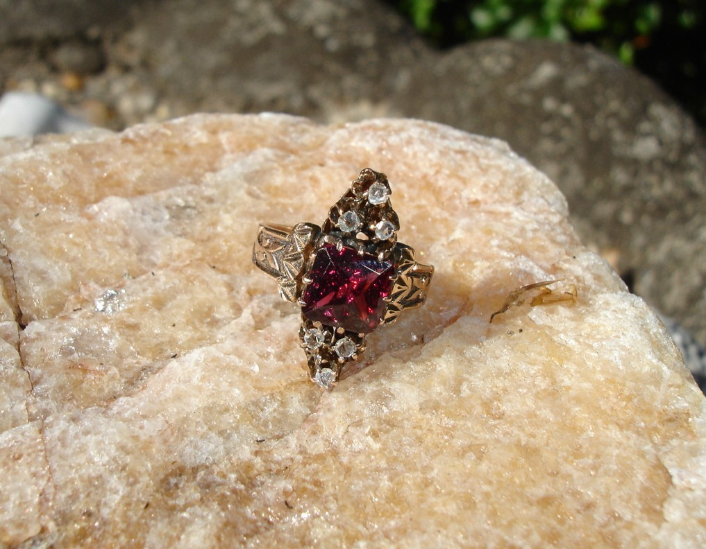 old antique 14K Rose Gold Victorian RING purple red gem Diamond Triads 3.75 2.6g