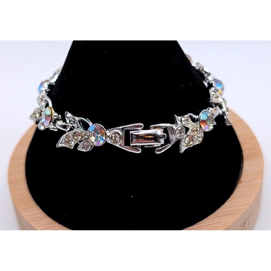 Vintage AB Rhinestone Leaf Bracelet Silver Tone Floral Link Mid Century Jewelry