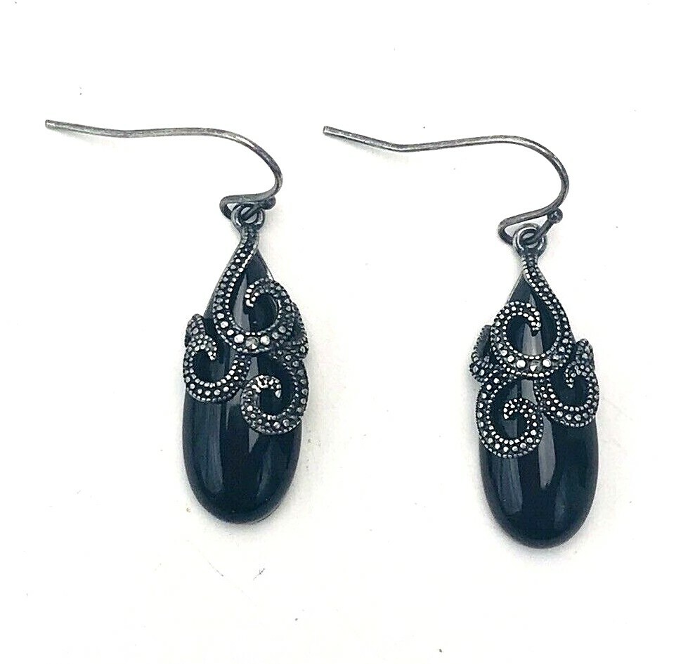 Vtg Signed PAJ BB CHINA Silver Filigree Black Onyx Marcasite Teardrop Earrings