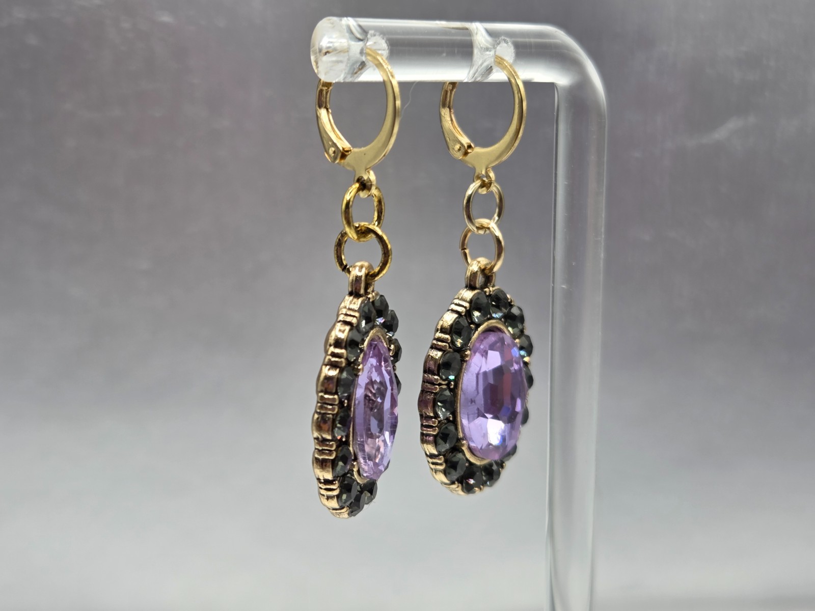 Vintage Purple & Black Rhinestone Dangle Gold Plated Pierced Earrings