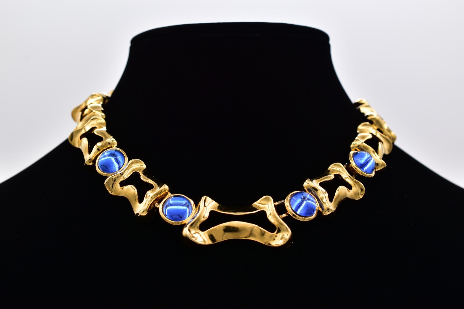 Vintage Gold Blue Cabochon Statement Collar Necklace Modernist Sculptural BinBM