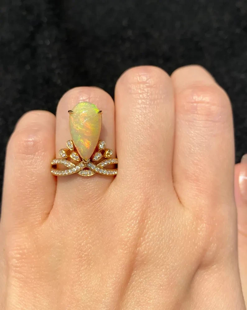 18K Gold Plated Sterling Silver Natural Fire Opal Pear Engagement Ring for Her