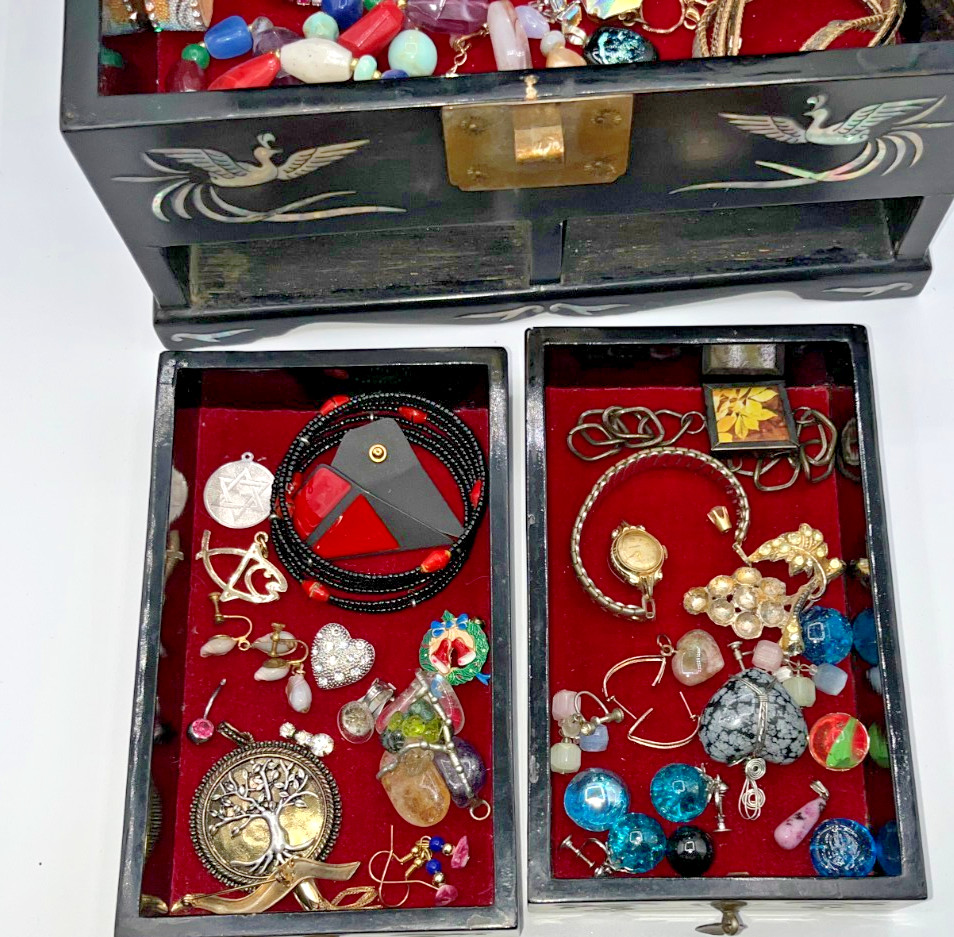 Estate Sale Lot Grandma’s Pearl Inlay Jewelry Box Filled with Vintage & Current