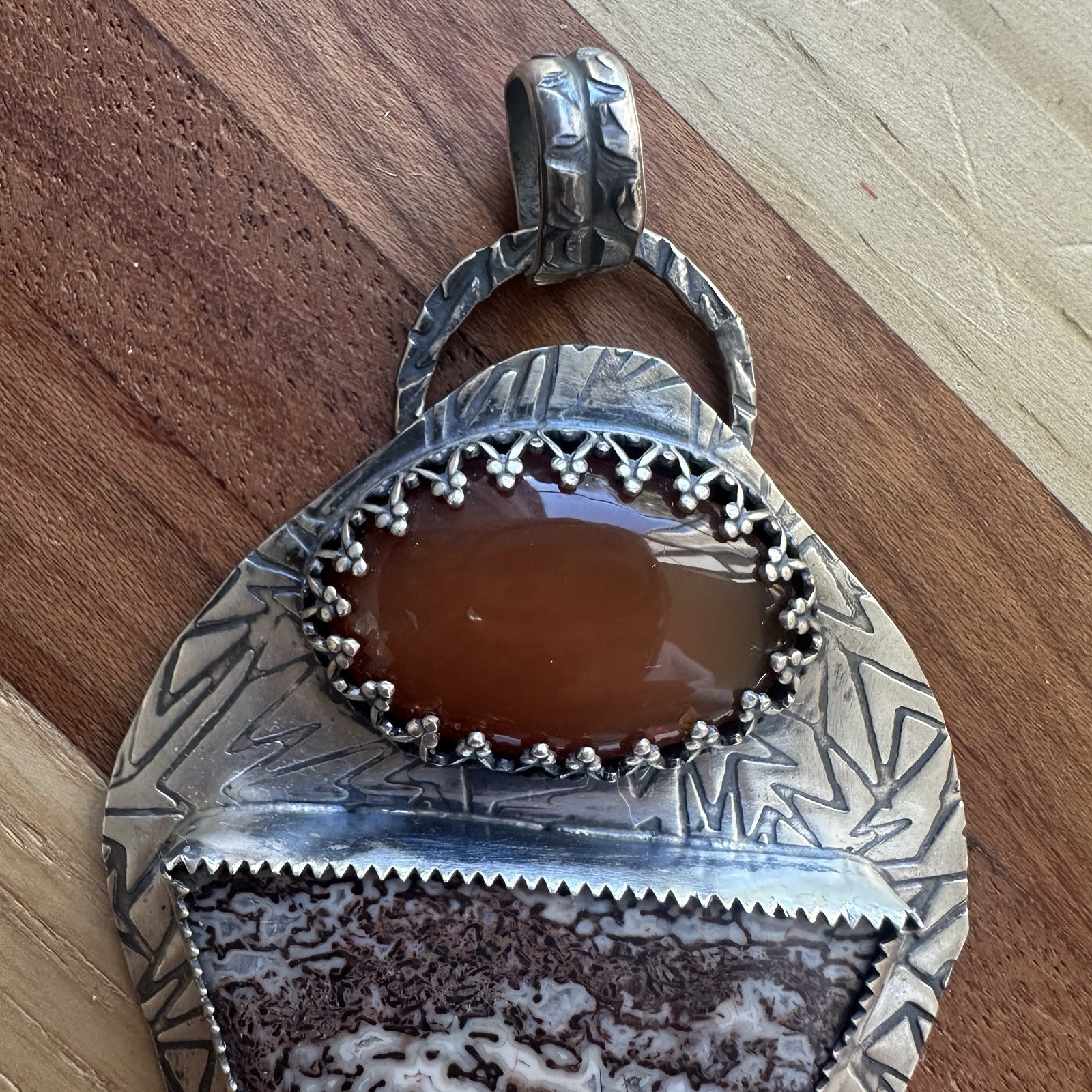 Paul Rossman Pendant 3 Inch Fire Opal Dinosaur Gembone 925 Sterling 23.8g USA