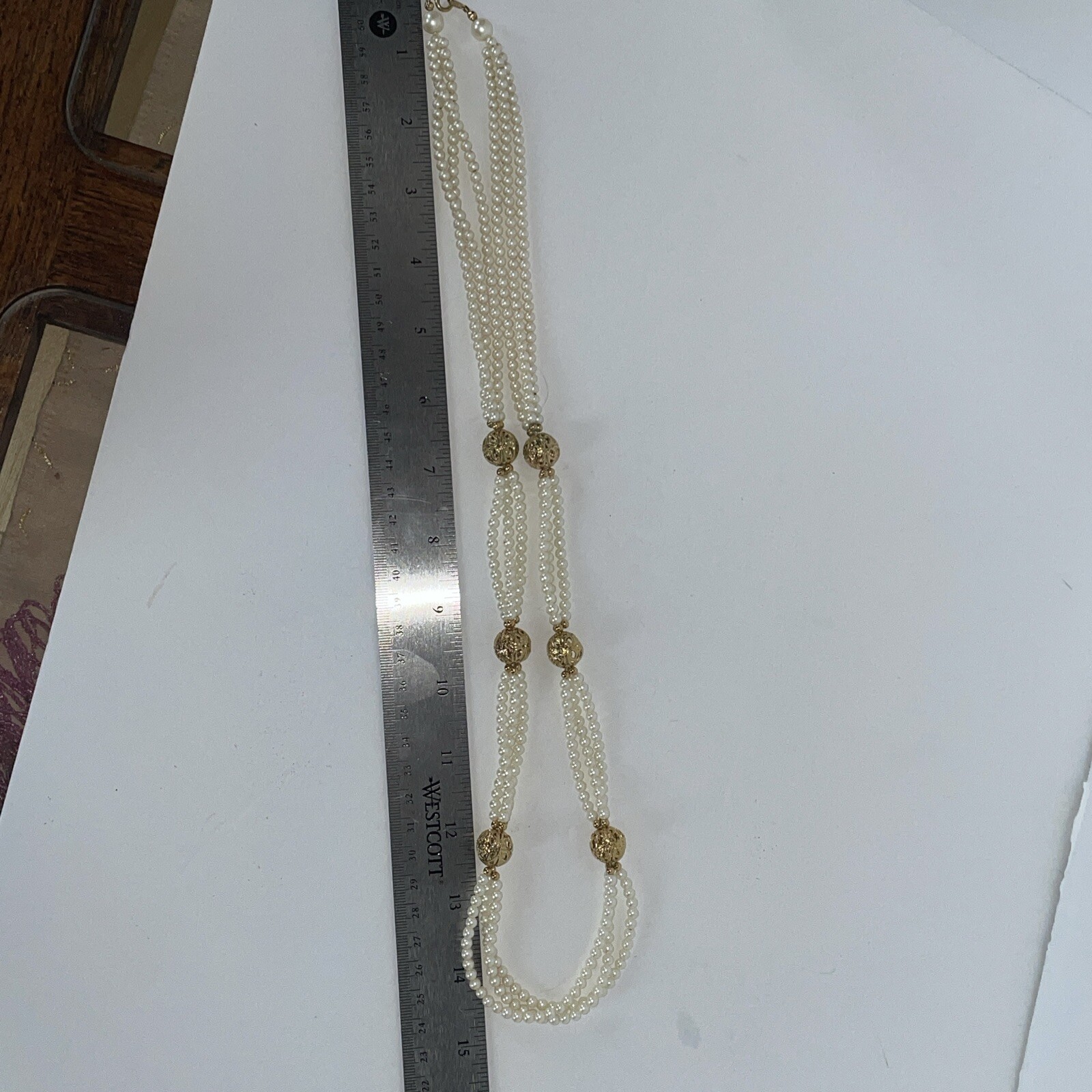 Trifari TM Vintage 3-Strand Faux Pearl with Gold Accents Jewelry Necklace 15”
