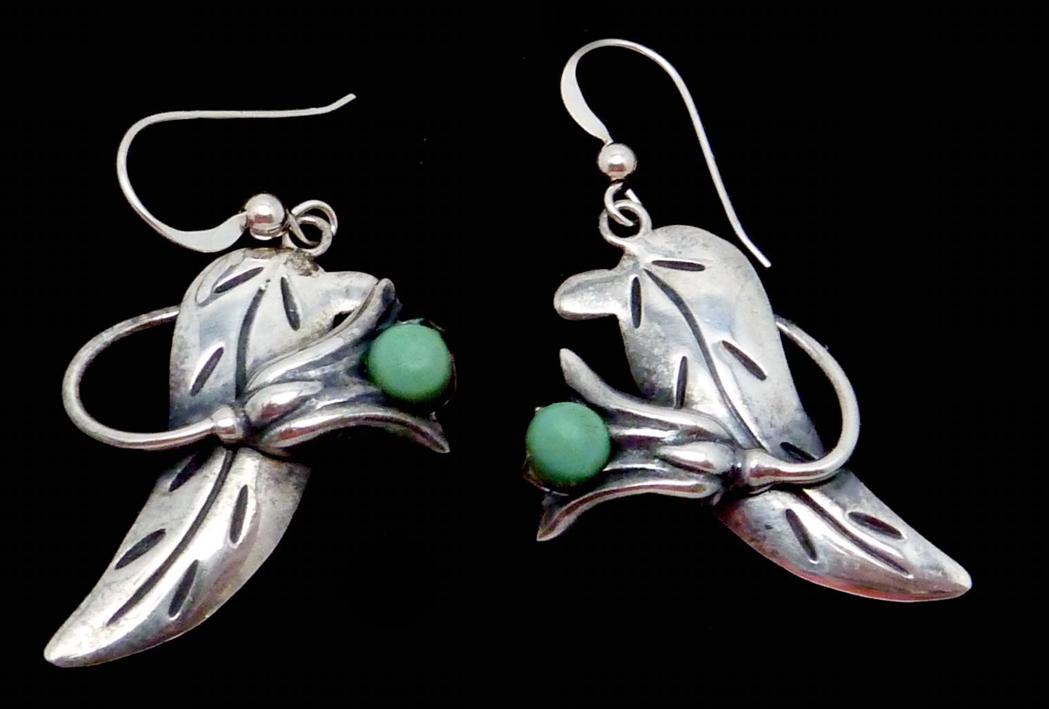 Vintage Taxco Mexico Mexican 950 Silver Turquoise Flower Pierced Earrings 27513