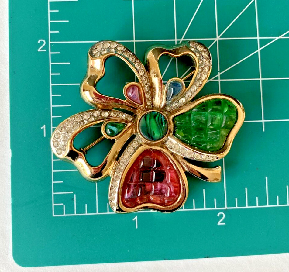 Vintage NLH NAT LANDAU HYMAN Gold Tone Crystal Rhinestone Flower Clover Brooch