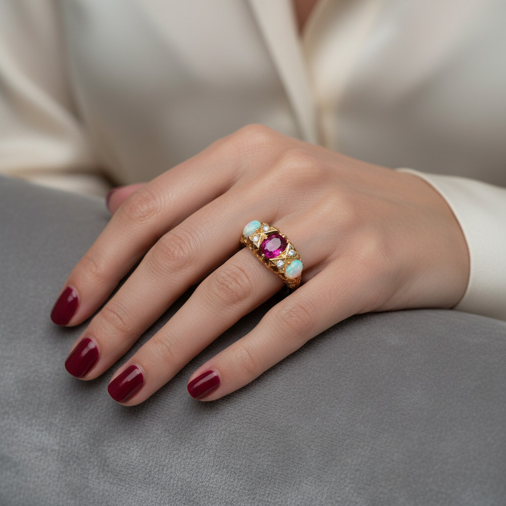 Vintage 18K Solid Gold Opal Diamond Ruby Ring, Made in England 1930, GIA Cert.