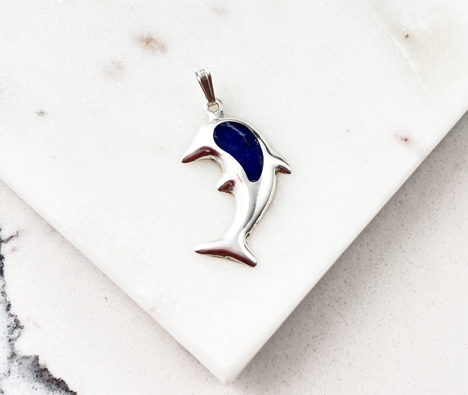 Vintage 950 Sterling Silver Lapis Dolphin Sea Life Charm Pendant