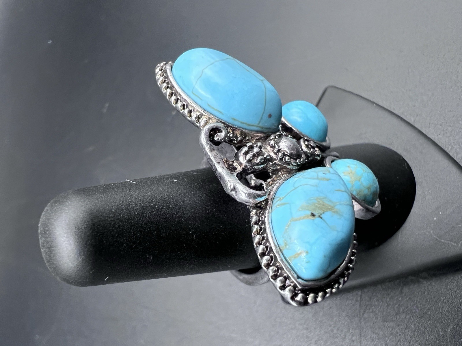 Vintage Butterfly Statement Ring Blue Cabochons Silver Tone Size 6.5