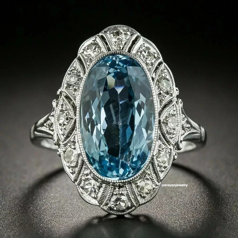 2.23 CT Elongated oval cut aquamarine milgrain style 925 sterling silver Ring